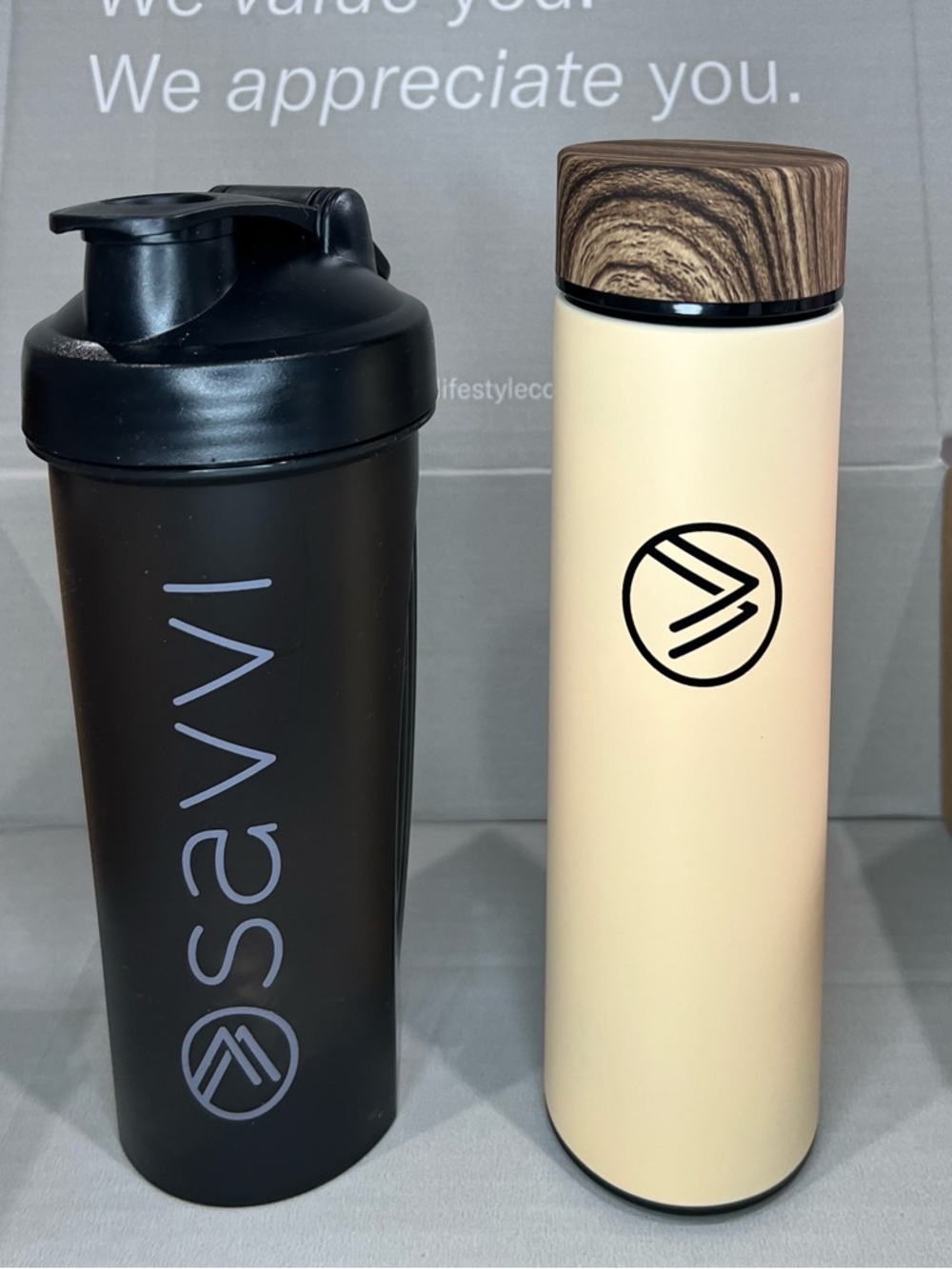 Savvi Logo Travel Bottle Set - Black Shaker & Cream Tea Thermos